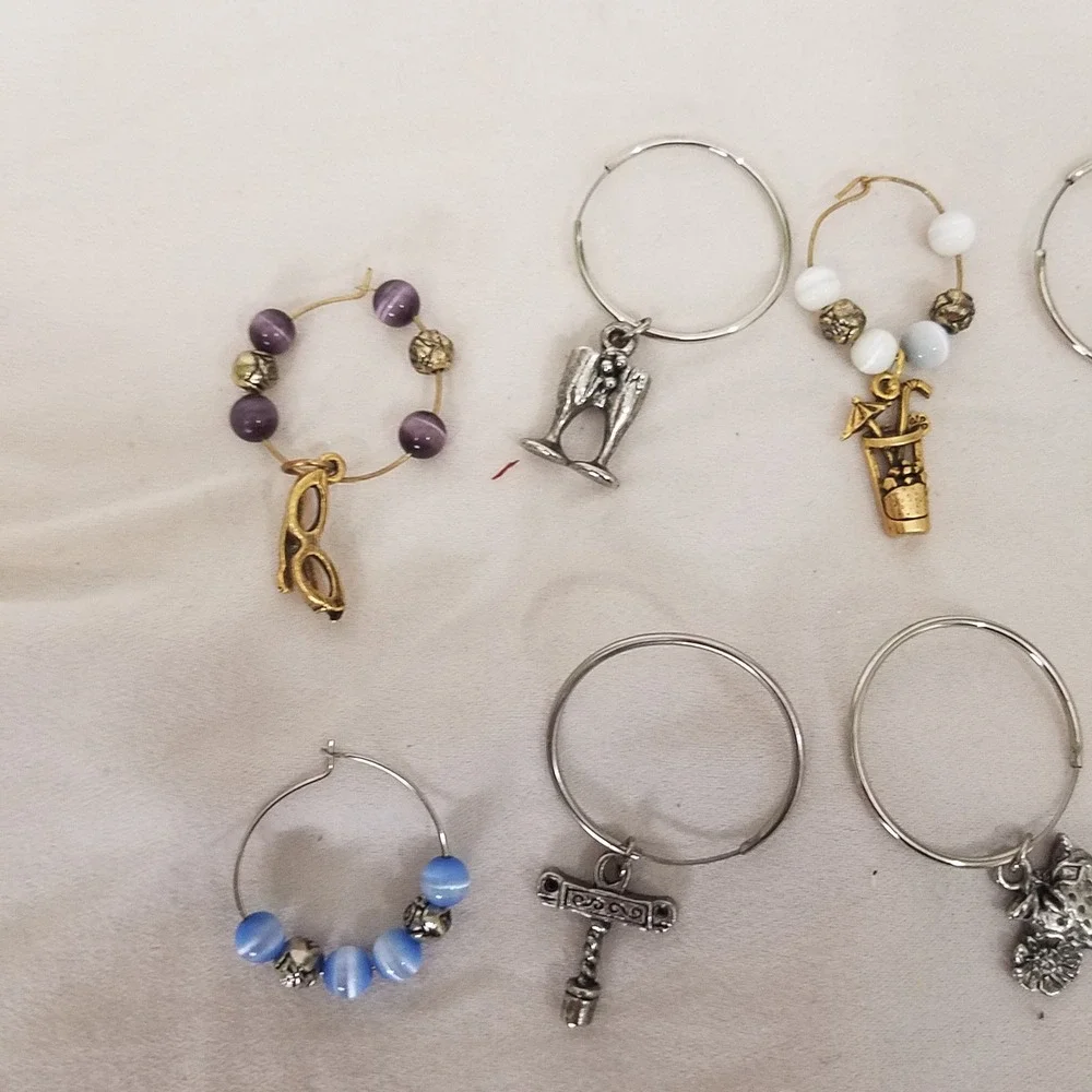 Wine themed Glass Charms Mixed Colors Excellent Beaded Metal 9pc Set
